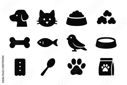 Pet Feeding Icons. Feeding routine. Solid icon set of Feeding routine: cat, dog, kibble, bone, food bowl, water bowl, fish, bird, treat, paw print, spoon, pet