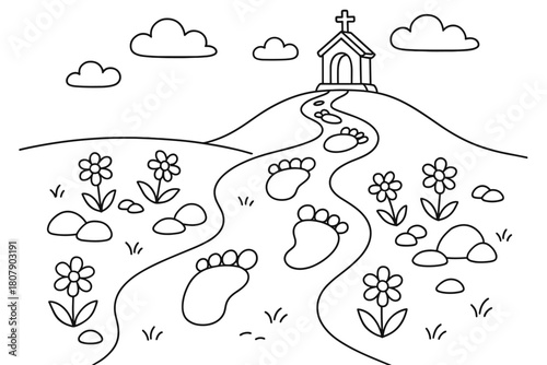 Journey Footprints Coloring. Footprints of the journey children?s coloring book illustration, outlined drawing, a trail of big friendly footprints leading past