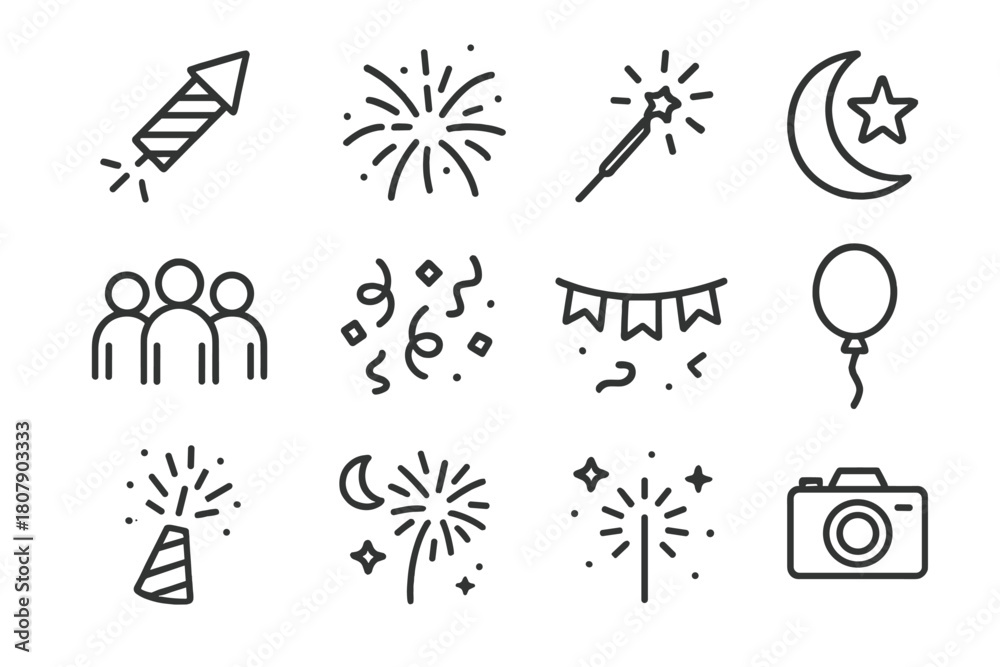 Fototapeta premium Holiday Icon Set. Holiday celebration. Solid icon set of holiday celebration: star, snowflake, gift, bell, candle, tree, mitten, hot drink, wreath, hat,