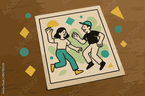 Nostalgic Geometry. Dusty Photograph. Close-up of an old photograph on a wooden table with floating abstract geometric dust shapes, nostalgic and quiet