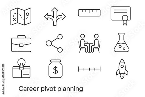Career Planning Icons. Career pivot planning. Line icon set of career pivot planning: map, forked path, skill gap ruler, certificate, portfolio, networking