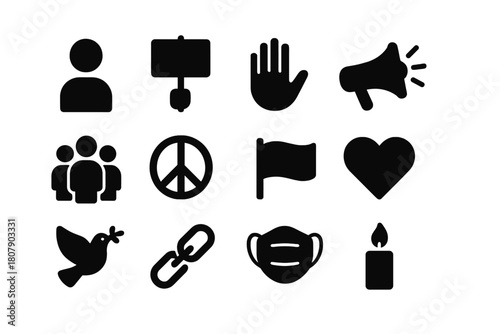 Silent Protest Icons. Silent protest. Solid icon set of silent protest: person, banner, raised hand, megaphone, crowd, peace symbol, flag, heart, dove, chain,
