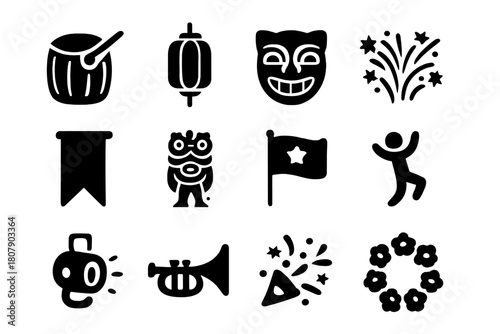 Cultural Festival Icons. Cultural Festivals. Solid icon set of Cultural Festivals: drum, lantern, mask, fireworks, banner, costume, flag, dance pose, stage