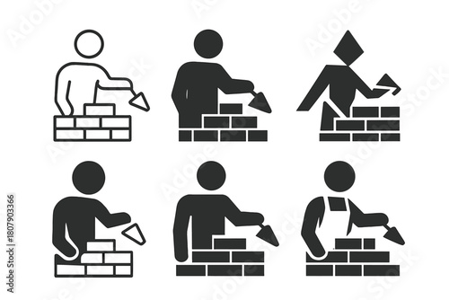 Bricklayer Logo Variations. Bricklayers constructing buildings. Icon set. Set Logo of Bricklayers constructing buildings: Crane lifting bricks. harmonious logo