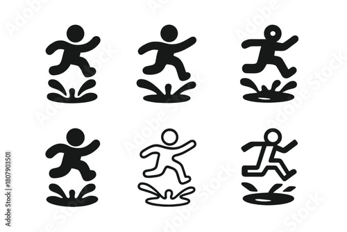 Jumping Puddles Icons. Jumping over puddles. Icon set. Set Logo of Jumping over puddles: Playful splash action. harmonious logo variations of the