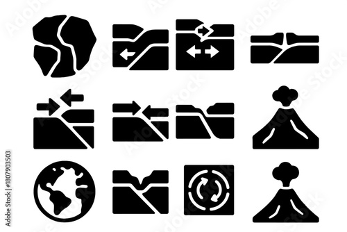 Tectonic Plate Icons. Plate tectonics. Solid icon set of Plate tectonics: tectonic plates, subduction zone, divergent boundary, convergent boundary, transform