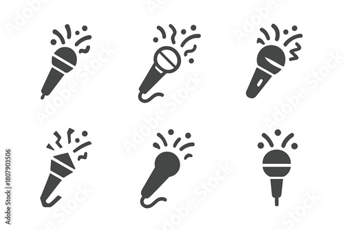 Party Logo Variations. Event planning and party coordination. Icon set. Set Logo of entertainment: microphone with confetti. harmonious logo variations of the
