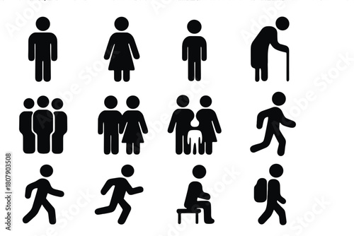 Solid Human Figures. Human Figures. Solid icon set of Human Figures: man, woman, child, elderly person, group of people, couple, family, person with briefcase,