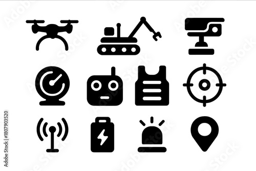 Military Robots Icons. Military Robots. Solid icon set of Military Robots: drone, tracked bot, bomb disposal arm, camera turret, radar, remote controller,