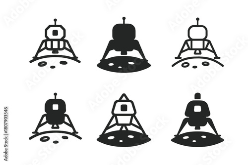 Lunar Exploration Icons. Lunar exploration and moon missions. Icon set. Set Logo of Lunar Exploration: astronaut helmet reflection of the moon. harmonious logo