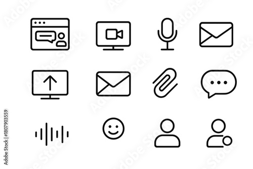Online Communication Icons. Online Communication. Line icon set of Online Communication: chat window, video call, microphone, screen share, email inbox, file