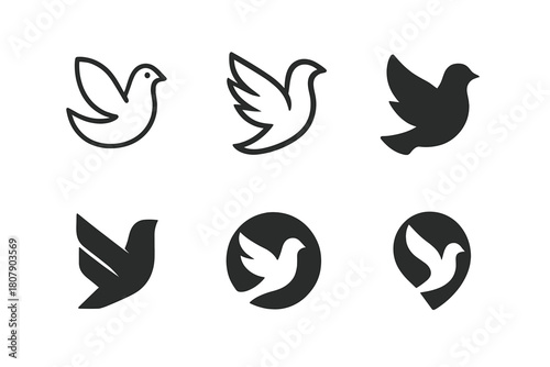 Peace Dove Icons. Symbolism in art and its meanings. Icon set. Set Logo of Dove: Symbol of peace. Stylized detail, Iconic shape, Minimal outline, Filled
