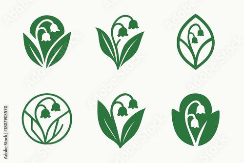 Lily Emblem Variations. Lily of the Valley. Icon set. Set Logo of Lily of the Valley: elegant floral emblem. harmonious logo variations of the same emblematic