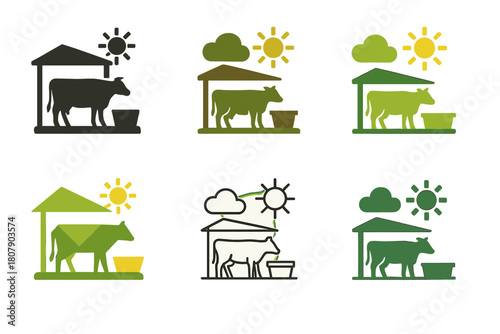 Agriculture-Climate Icons. Agriculture and climate change. Icon set. Set Logo of agriculture and climate change: livestock shade shelter with water trough.
