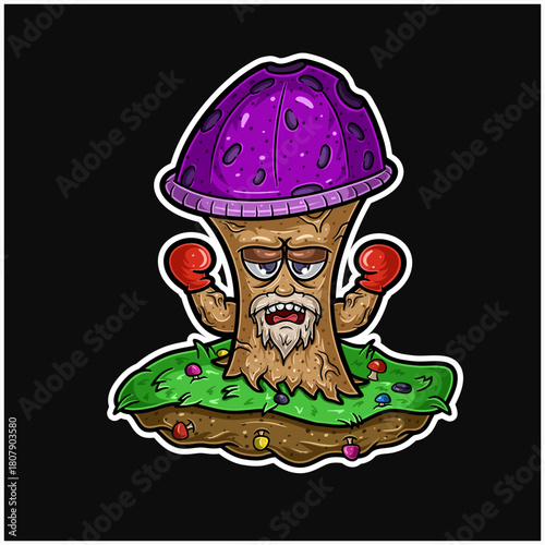 Cartoon Mascot Character of Old mushroom with strong pose, wearing boxing gloves, standing on the grass and high expression.