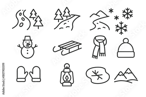 Winter Hiking Icons. Winter hiking path. Line icon set of Winter hiking path: footprints in snow, pine trees, snow-covered path, snowflakes, snowman, sled,