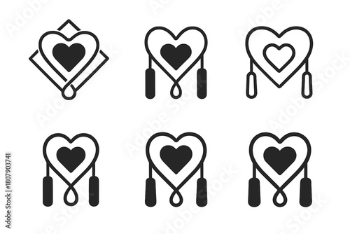 Personalized Fitness Logos. Personalized fitness equipment. Icon set. Set Logo of personalized fitness equipment: smart jump rope. harmonious logo variations