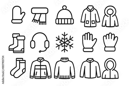 Winter Clothing Icons. Winter clothing. Line icon set of winter clothing: mittens, scarf, hat, coat, boots, earmuffs, snowflake, gloves, socks, jacket,