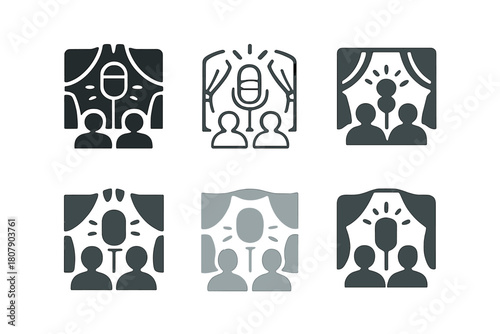 Cultural Performance Logo Variations. A couple enjoying a cultural performance at an outdoor amphitheater. Icon set. Set Logo of Cultural