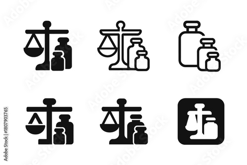 Calibration Tools Icons. Machine calibration tools. Icon set. Set Logo of Machine calibration tools: calibration weights with scale pan. harmonious logo