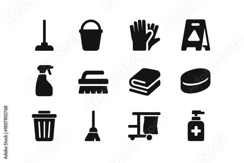 Janitor Supplies Icons. Janitor supplies. Solid icon set of janitor supplies: mop, bucket, gloves, caution sign, spray bottle, brush, towel, soap, trash bin,
