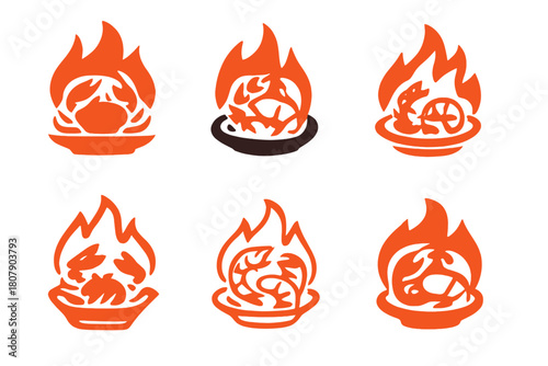 Spicy Seafood Logos. Spicy seafood. Icon set. Set Logo of Spicy Seafood: lobster with heat wave accents. harmonious logo variations of the same emblematic