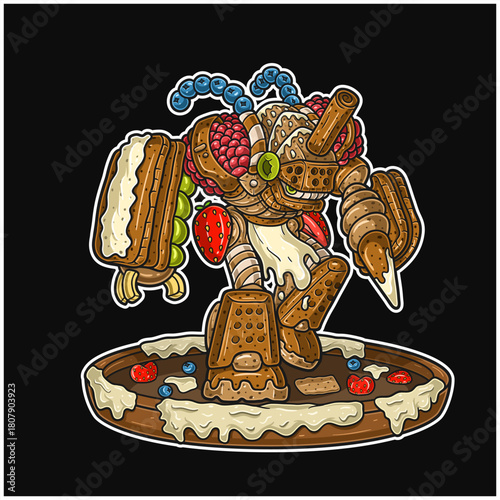 Cartoon Mascot Character of Biscuit monster standing on a wooden plate with milk, cream and various fruits.