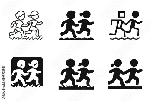 Children Yard Logos. Chasing kids in the yard. Icon set. Set Logo of Chasing kids in the yard: children running across grass. harmonious logo variations of the
