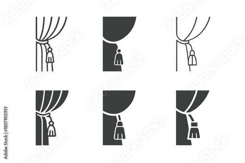 Curtain Logo Set. Curtain fabric. Icon set. Set Logo of curtain fabric: tassel tieback detail. harmonious logo variations of the same emblematic concept, each