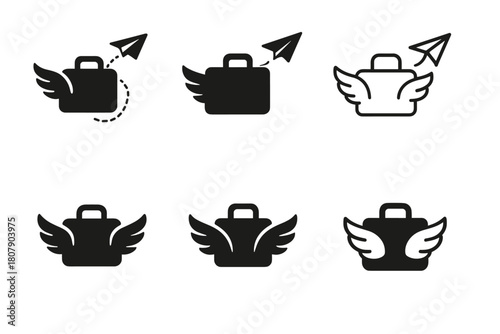 Escapism Logo Icons. Escapism in Marketing. Icon set. Set Logo of Escapism in Marketing: suitcase with wings and paper plane trail. harmonious logo variations