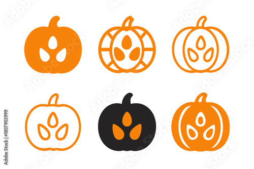 Pumpkin Carving Logos. Carving pumpkins. Icon set. Set Logo of Carving pumpkins: Pumpkin seeds. harmonious logo variations of the same emblematic concept (Flat