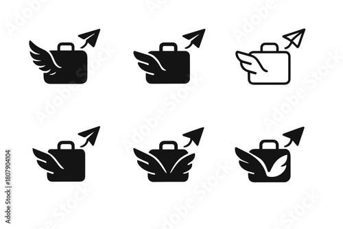 Escapism Logo Icons. Escapism in Marketing. Icon set. Set Logo of Escapism in Marketing: suitcase with wings and paper plane trail. harmonious logo variations