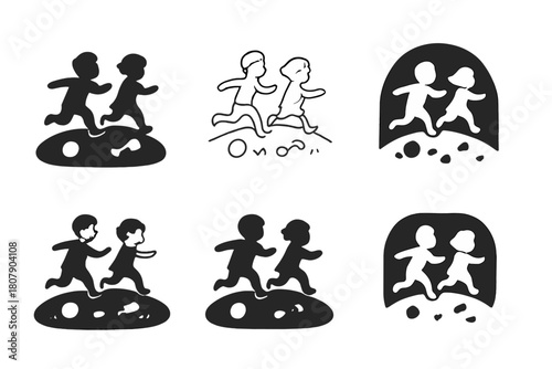 Playful Kids Icons. Chasing kids in the yard. Icon set. Set Logo of Chasing kids in the yard: garden with toys scattered. harmonious logo variations of the