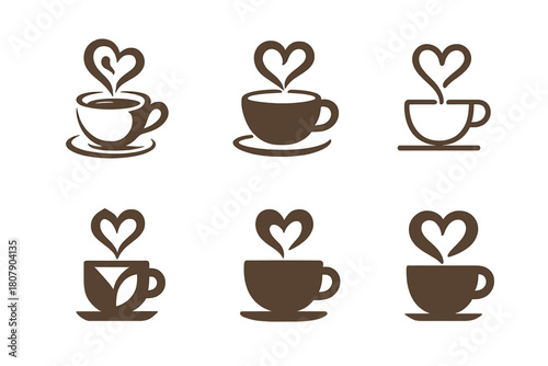 Coffee and Tea Icons. Coffee and tea. Icon set. Set Logo of coffee and tea: coffee bean. harmonious logo variations of the same emblematic concept, each with