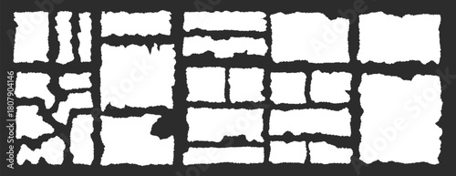 Torn paper pieces frame set. Torn paper with jagged edges. Ripped rectangular shape silhouette collection. Textured grunge elements collage, text box, poster, banner