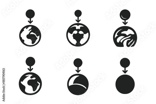 Gravity Icon Set. The concept of gravity. Icon set. Set Logo of gravity: mass attracting smaller bodies. harmonious logo variations of the same emblematic