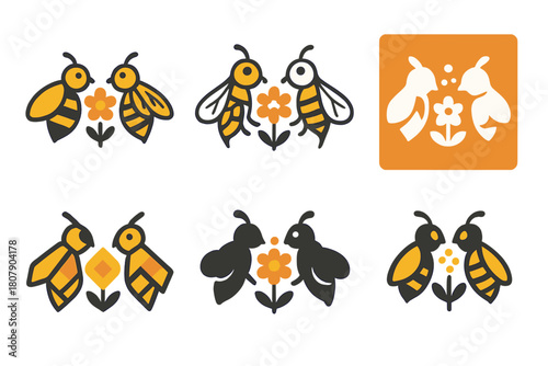 Bee Pollination Icons. Bees and pollination. Icon set. Set Logo of Bees and pollination: honeybee hovering over flower. harmonious logo variations of the same