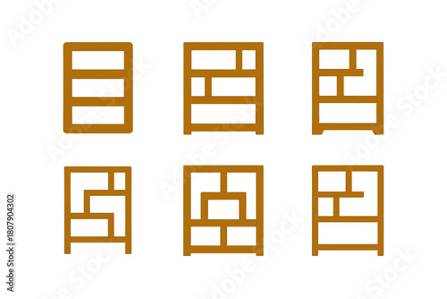 Modern Bookshelf Logos. A modern bookshelf with clean lines and a wood finish. Icon set. Set Logo of A modern bookshelf with clean lines and a wood finish: