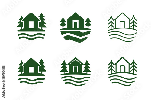 Eco-Lodge Logo Collection. Themed eco-lodges and off-grid retreats. Icon set. Set Logo of themed eco-lodges and off-grid retreats: riverside eco-cabin.