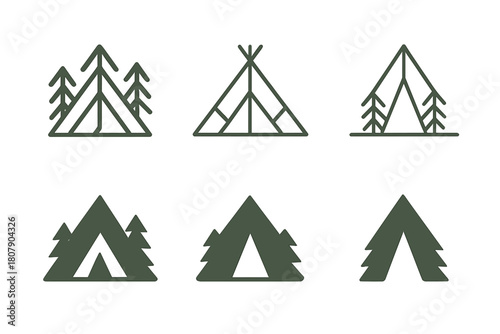 Nature Retreat Logos. Time spent in nature, away from the digital world. Icon set. Set Logo of Nature retreat: Tent. harmonious logo variations of the same