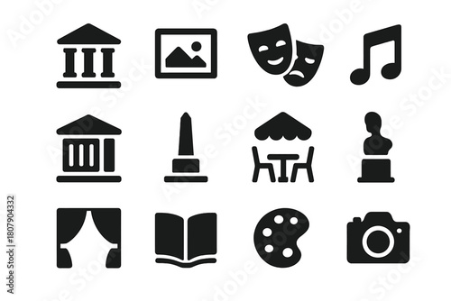 Cultural District Icons. Cultural district. Solid icon set of Cultural district: museum, art gallery, theater mask, music note, library, monument, street cafe,