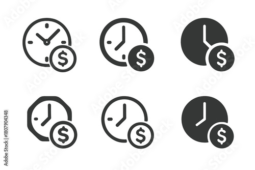 Investment Logo Variations. Bonds and securities. Icon set. Set Logo of long-term investment: clock combined with coin. harmonious logo variations of the same