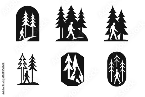 Tranquil Nature Walk Logos. Nature walks in unspoiled environments. Icon set. Set Logo of tranquility: person walking under tall pine trees. harmonious logo