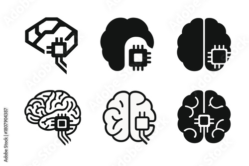 Neural Interface Icon Set. DIY biohacking and body modification. Icon set. Set Logo of neural interface: brain with microchip node. harmonious logo variations