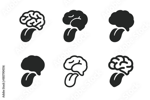 Taste Sensation Icons. How we taste food. Icon set. Set Logo of how we taste food: brain and tongue connection. harmonious logo variations of the