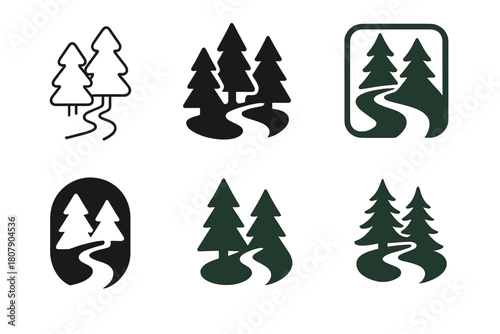 Nature Trail Logos. Hiking and exploring nature trails. Icon set. Set Logo of hiking and exploring nature trails: binoculars with soaring bird. harmonious logo