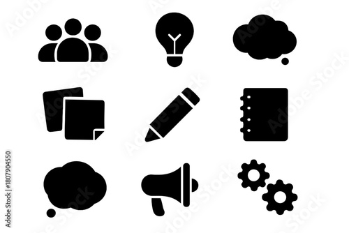 Creative Collaboration Icons. Creative collaboration. Solid icon set of creative collaboration: people group, chat bubble, puzzle piece, gear, lightbulb, hand