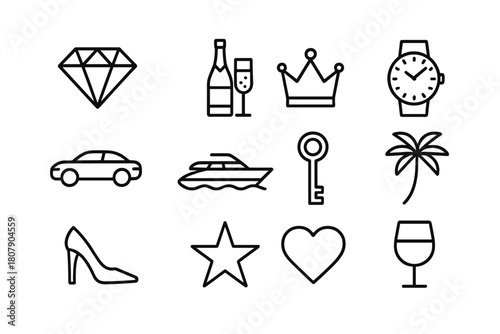 Luxury Icon Line Art. Luxury Lifestyle. Line icon set of Luxury Lifestyle: diamond, champagne, crown, watch, car, yacht, key, palm tree, high heel, star,