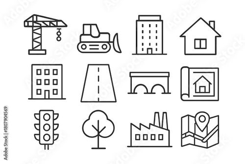 Urban Construction Icons. Urban construction. Line icon set of Urban construction: construction crane, bulldozer, skyscraper, house, apartment building, road,