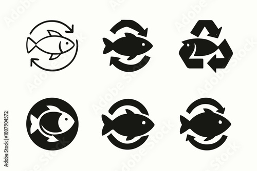 Sustainable Seafood Icons. Sustainable Seafood. Line icon set of Sustainable Seafood: fish silhouette, sustainable badge, certification badge, seasonal